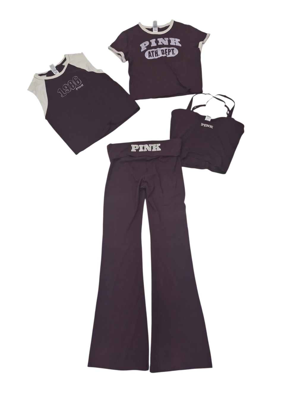 PINK Victoria's Secret Plum Flare Pants with Cream Trim Tops Set Nwot